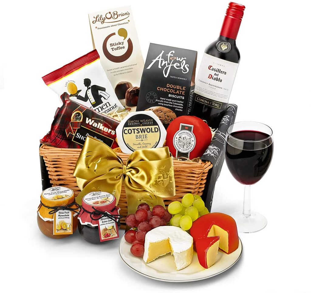 Downton Hamper With Red Wine - Hand Wrapped Gourmet Food Basket, in Gift Hamper Box