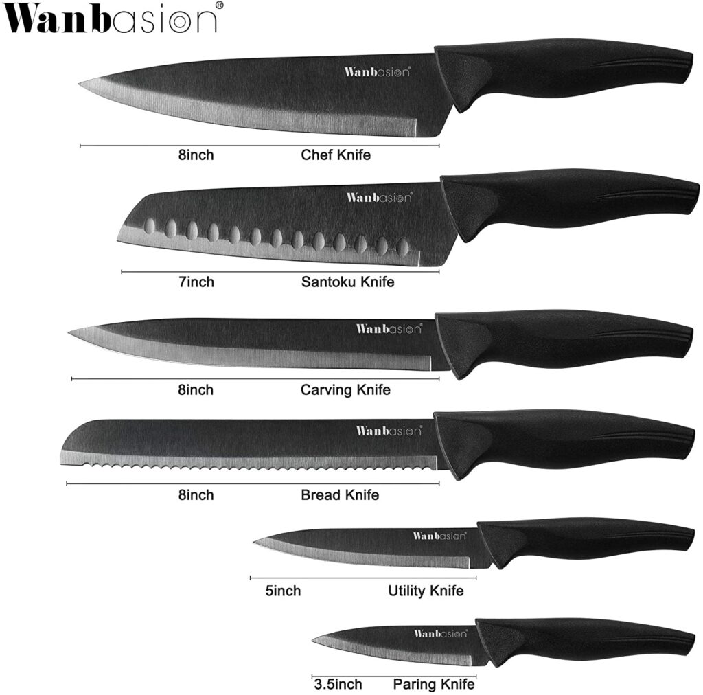 Wanbasion 6 Pieces Matte Black Titanium Plated Knife Set Stainless Steel Forged Kitchen Knife Set - Sharp Professional Knife Set with Sheath, Scratch..