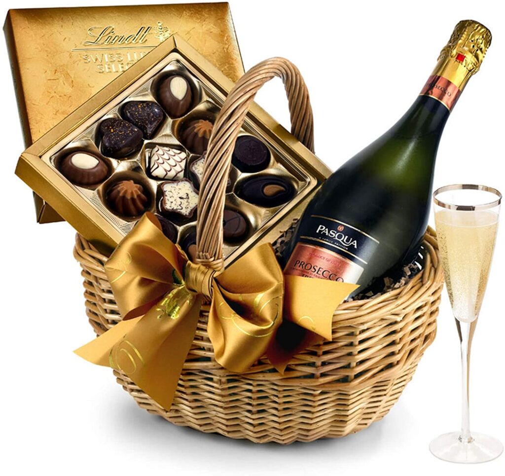 Wine & Chocolates Gift Basket With Prosecco - Hand Wrapped Gourmet Food Basket, in Gift Hamper Box